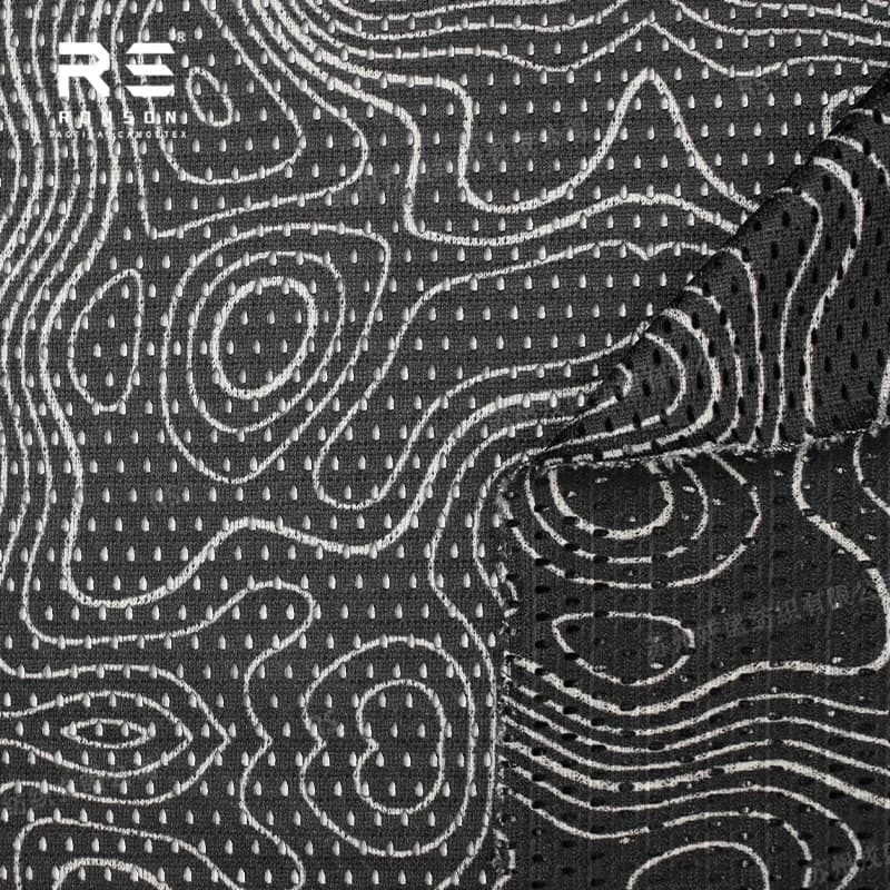Printed black mimetic topography 120 g/m2 polyester mesh fabric printed on both sides elasticized for tactical mask