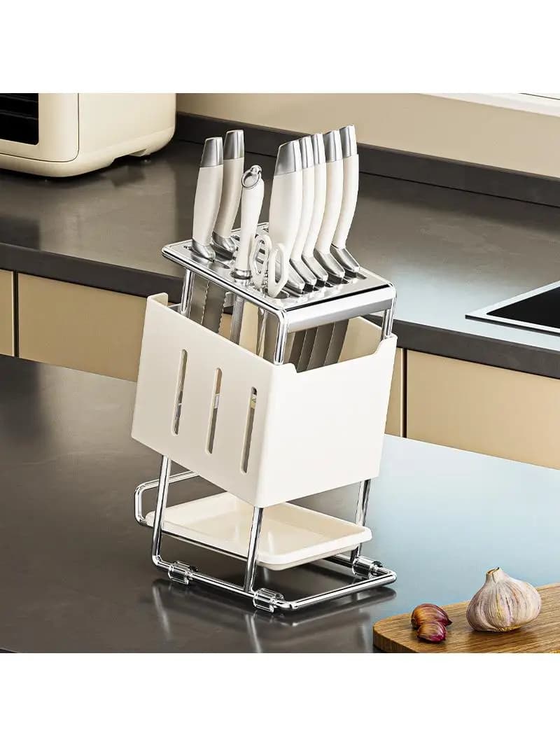 Rotatable Kitchen Counter Multi-Function Drainage Knife Holder Stainless Steel Integrated Knife Base Storage Rack Home Use
