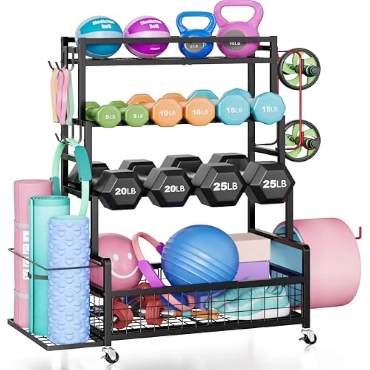 Mobile Fitness Equipment Storage Rack with Locking Casters 490 Lbs Capacity 4-Tier Metal Frame for Dumbbells Kettlebells Plates