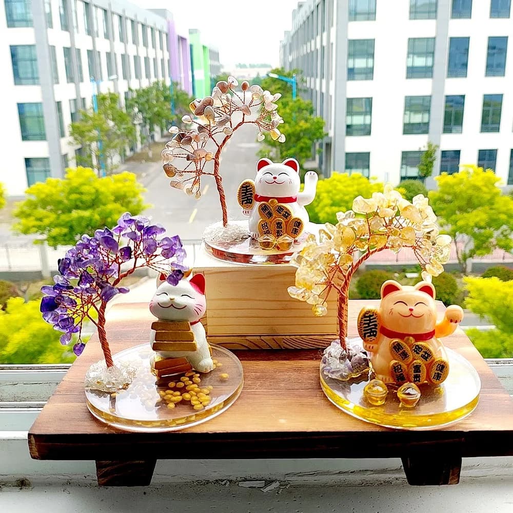 JH50 Colorful natural crystal gravel fortune cat fortune tree energy tree home crafts office desktop diy ornaments
