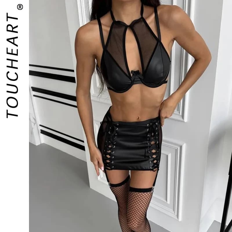 Toucheart Lace Sexy Lingerie Short Skirt Thong Patchwork Hollow Out Bow Knot Lace Up See-through Erotic Private Interesting Set