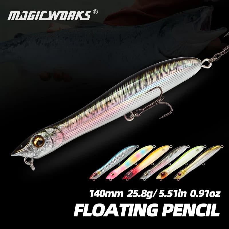 Magic Works 140mm 25.8g Popper Matita Esche da pesca Superficie Camminare il cane Wobblers galleggianti Testa di serpente Esca artificiale Spigola