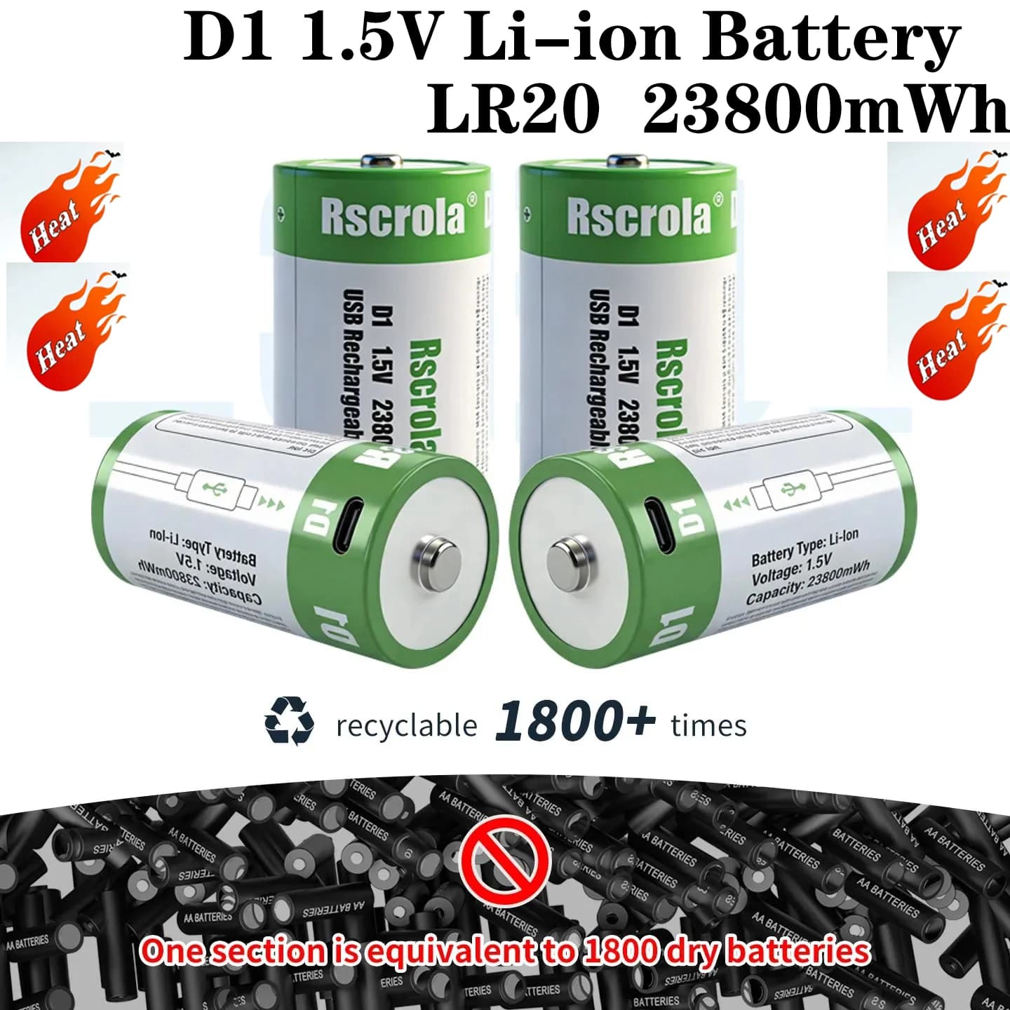 Batteria USB D ricaricabile 4H tipo C LR20 1.5V 23800mWh, cella agli ioni di litio senza perdite, per fornelli a gas, campeggio, torcia, serrature, radio