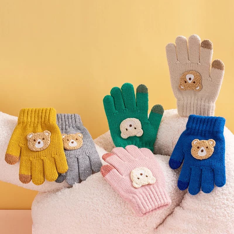 Guanti per bambini da 2-6 anni con orsetti dei cartoni animati e uncinetti, guanti invernali spessi e caldi, per ragazzi, ragazze e bambini.