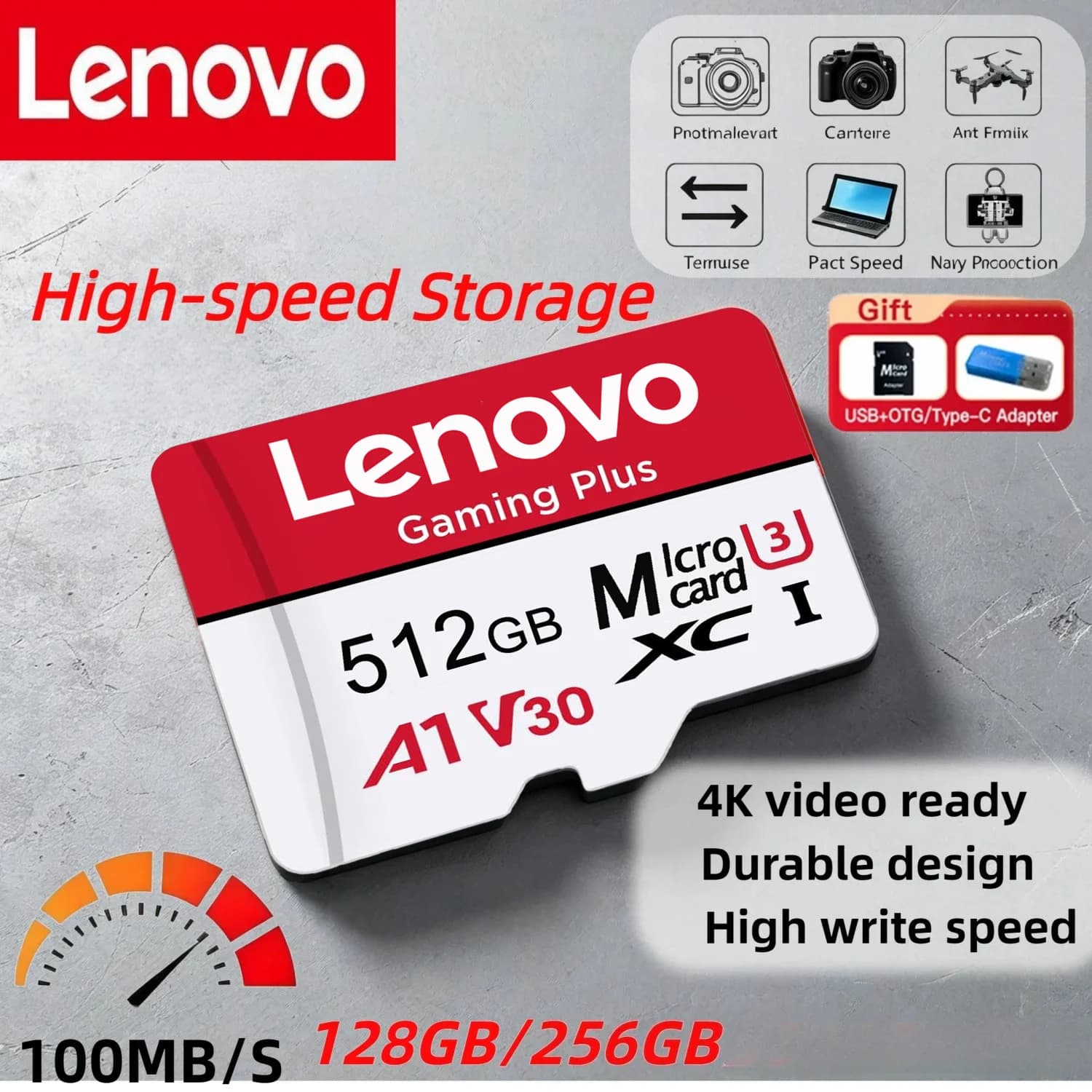 Lenovo 512GB Game-Exclusive Micro TF SD Card A2 V60 High Speed 4K Ultra-HD Video Flash Cards TF Memory Card for Phone Camera PC