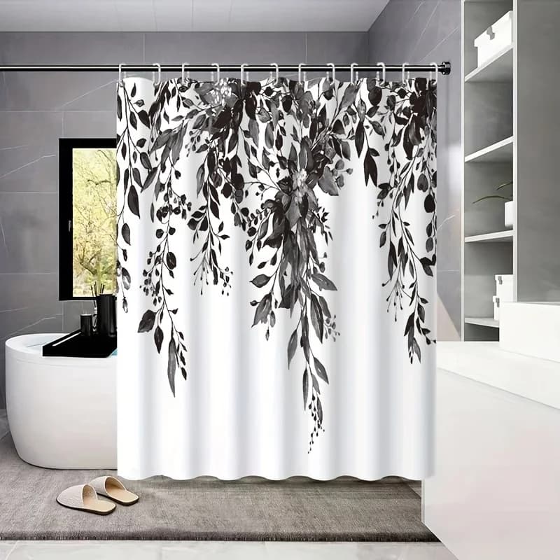 Tenda da doccia floreale in bianco e nero da 1 pezzo: tessuto morbido e resistente per l'arredamento del bagno e il trattamento delle finestre