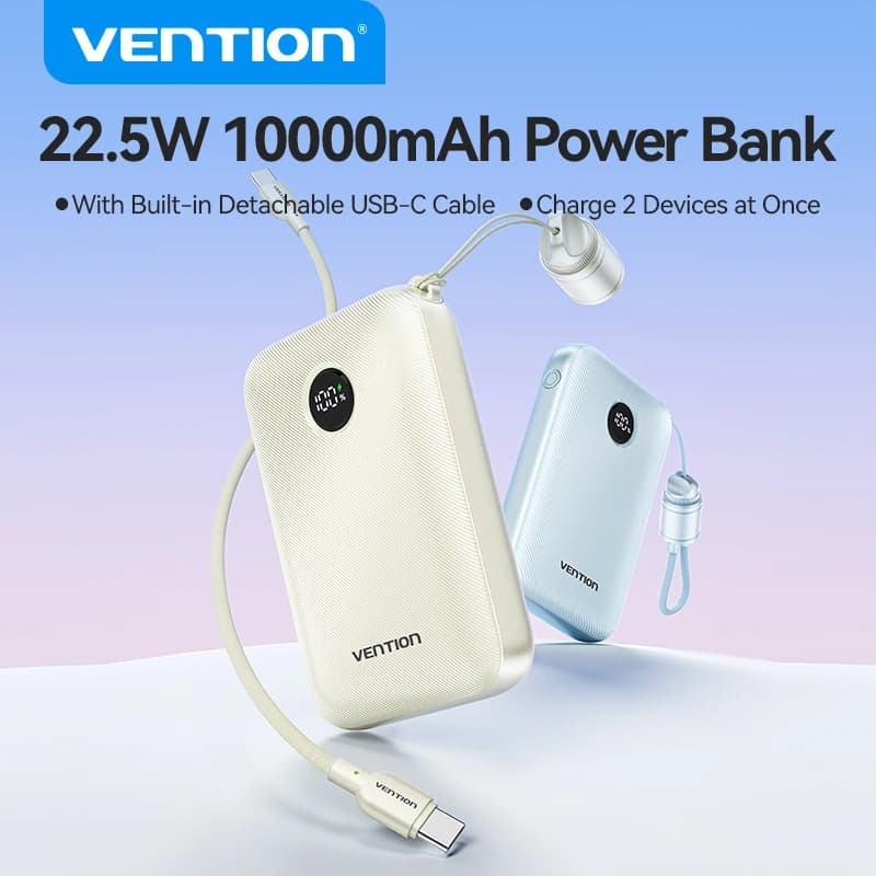 Vention Power Bank 10000mAh 22.5W PD charging power with built-in USB Type-C cable for iPhone 15/Huawei, ultra portable charger