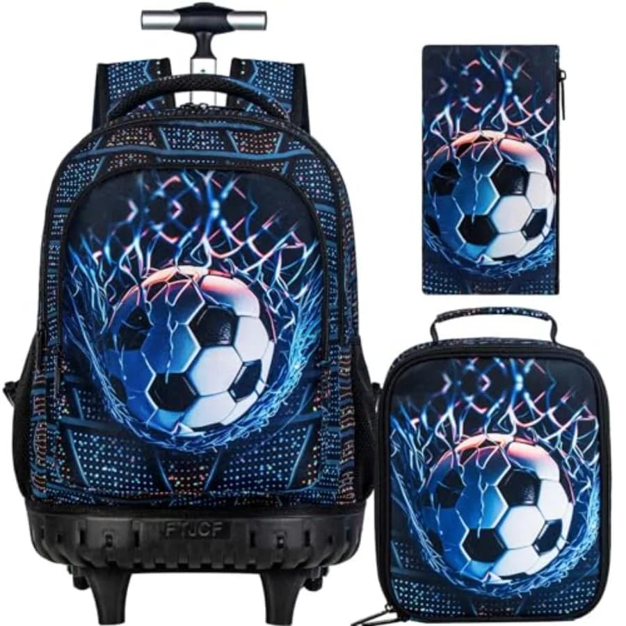 Set di 3 Zaini Trolley da Calcio per Ragazzi, Zaini Scolastici con Ruote, Set di Borse con Ruote Resistenti all'Acqua con Porta Pranzo