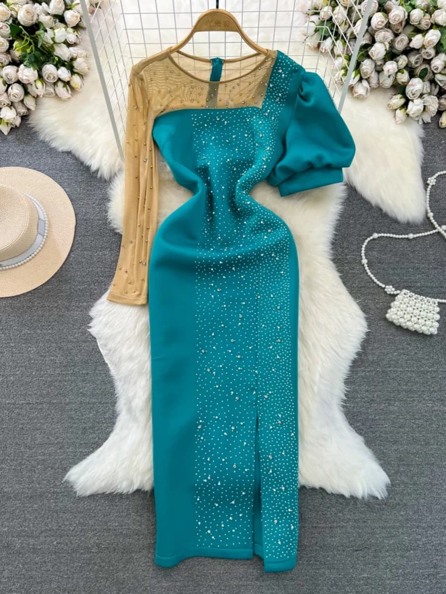 Ele Evening Gown Ball High Socie Lady Personali Me Splice round Ne Waist in Diamond Split Wrap Body Dr