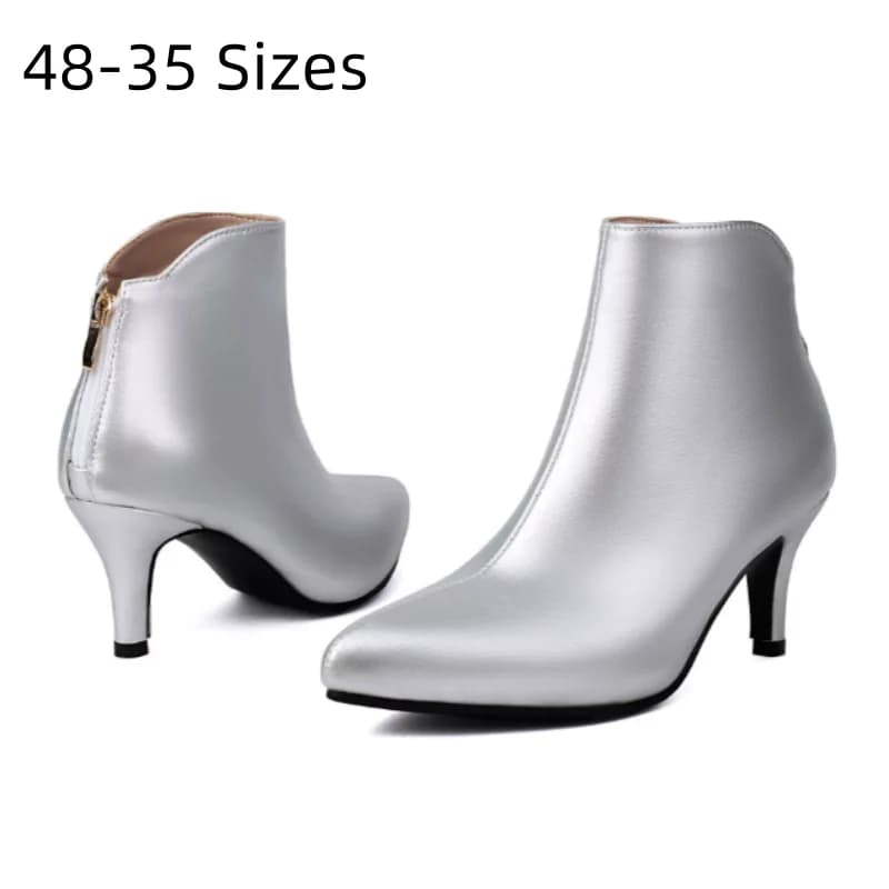 Lady 48 Oro Argento Rosso Tacchi sottili Stivaletti da 6 cm Breve Inverno Primavera Moda Botas Solido stile britannico Pelle PU Cerniera posteriore