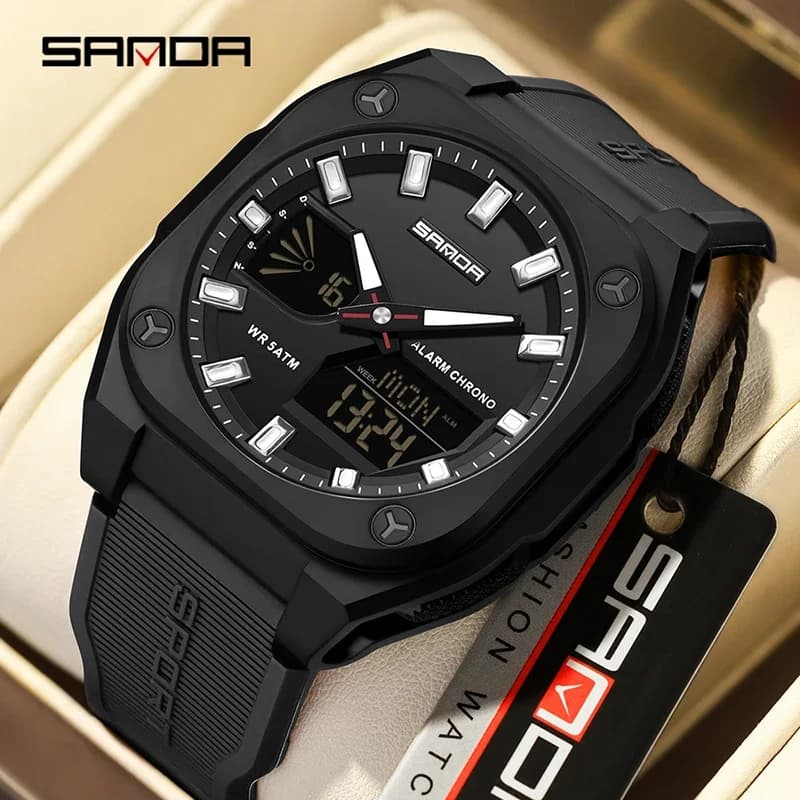 SANDA Men's Quartz Watches Luxury Military Sports Chronograph Waterproof LED Double Displays Men's Electronic Watches Reloj Hombre
