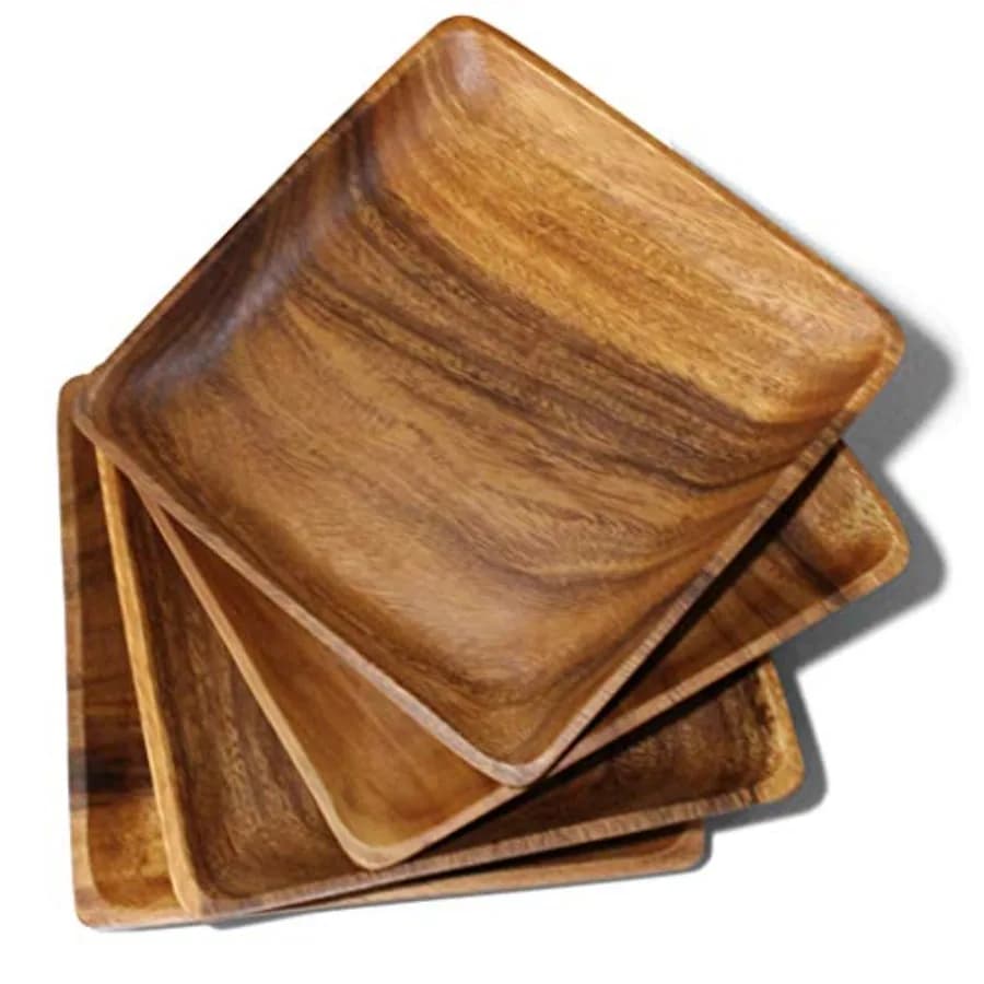 Wooden Plates Set of 4 10" Square Acacia Wood Plates Rustic Dinnerware for Steak BBQ Charcuterie or as Wooden Chargers