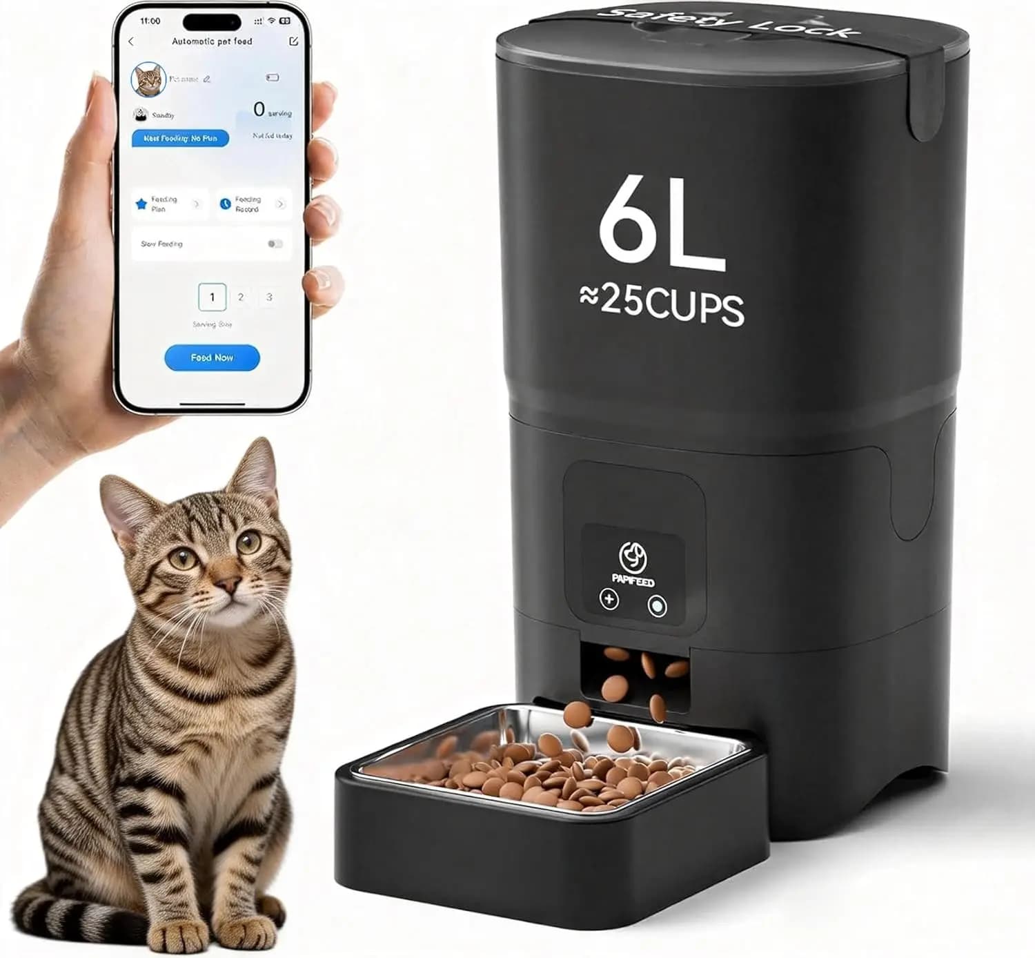 Distributore Automatico di Cibo per Animali Domestici Smart WiFi, Dispenser da 6L per Cani/Gatti con Controllo App, Ciotola in Acciaio Inox, Design Anti-Intasamento