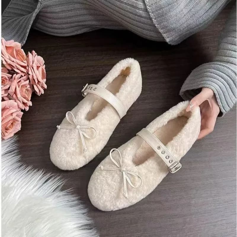 Scarpe basse da donna taglie forti Autunno Inverno Nuovi mocassini caldi in lana Moda Fiocco Punta tonda Fibbia Moda Bocca superficiale Scarpe Mary Jane