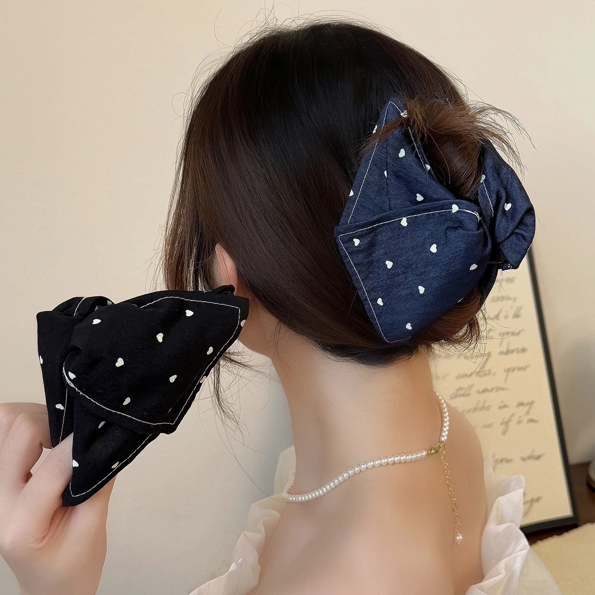 Fermaglio per capelli triangolare stampato a forma di cuore in denim in stile coreano da 1 pezzo, nuova moda e temperamento sul retro della testa