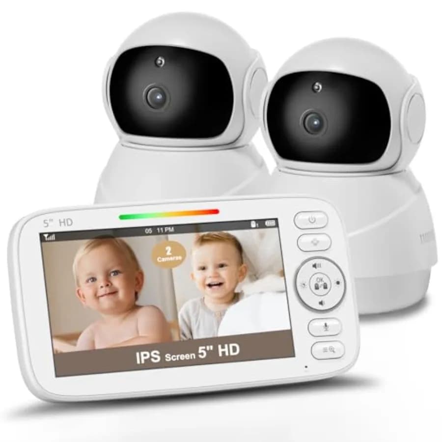 Monitor per Bambini con 5 Schermi Separati, 2 Telecamere HD 720P e Audio - Senza WiFi, Lunga Durata della Batteria, Visione Notturna, Pan-Tilt-Zoom Remoto