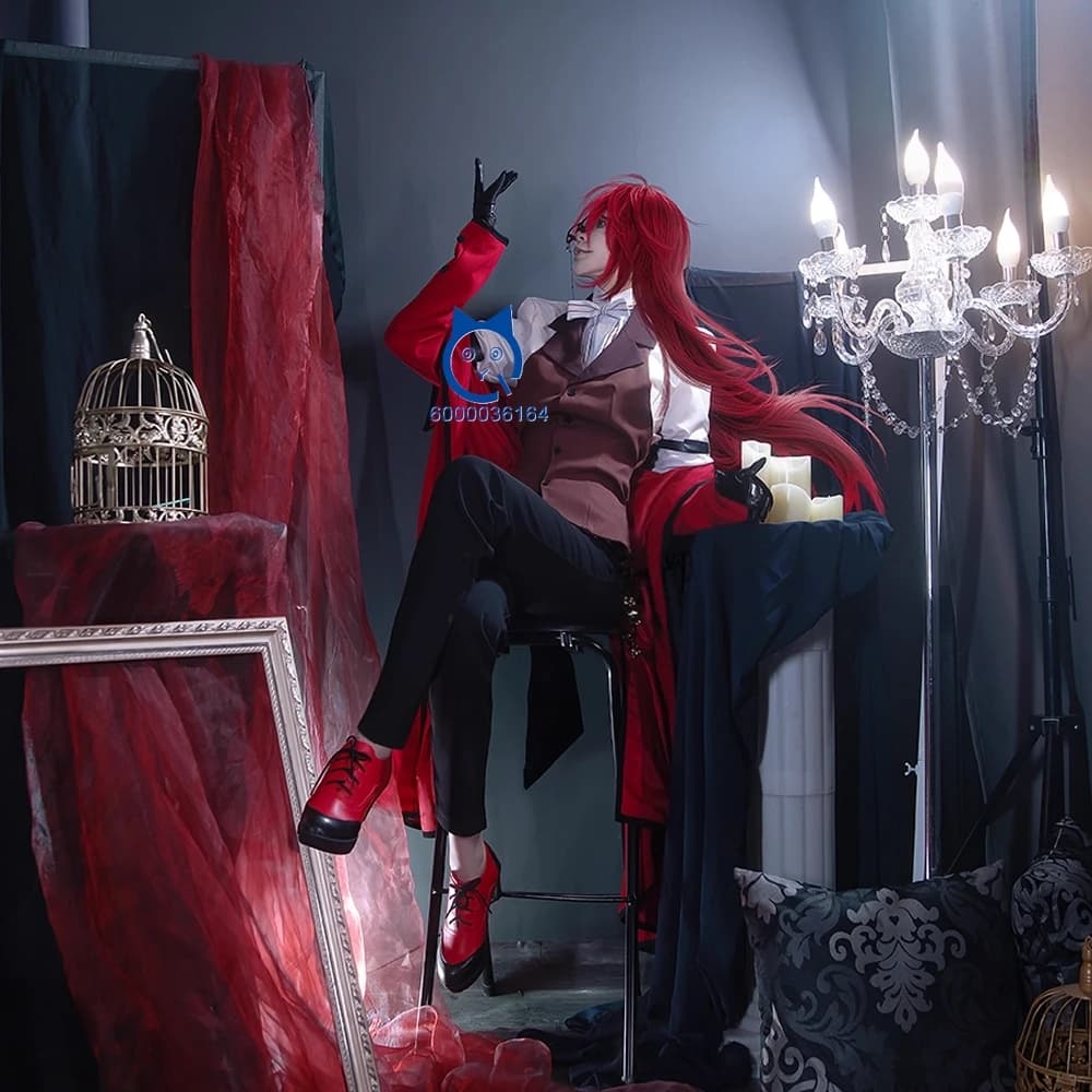 Hot Black Butler Cosplay Costume Anime Grell Sutcliff Role Game Red Uniform Outfit Man Comic With Halloween Party Dresses Wig