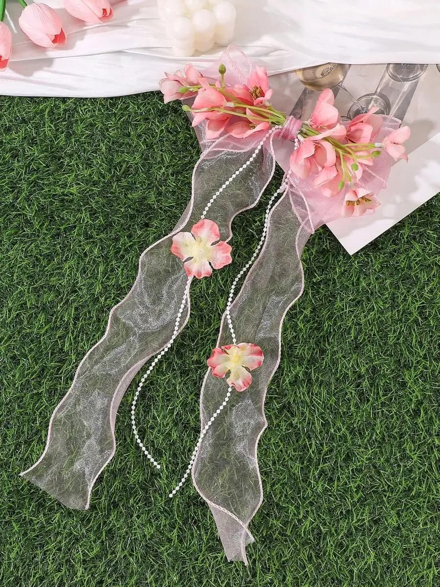 Pink Floral Mesh Hair Clip With Pearl Chain And Bow Design