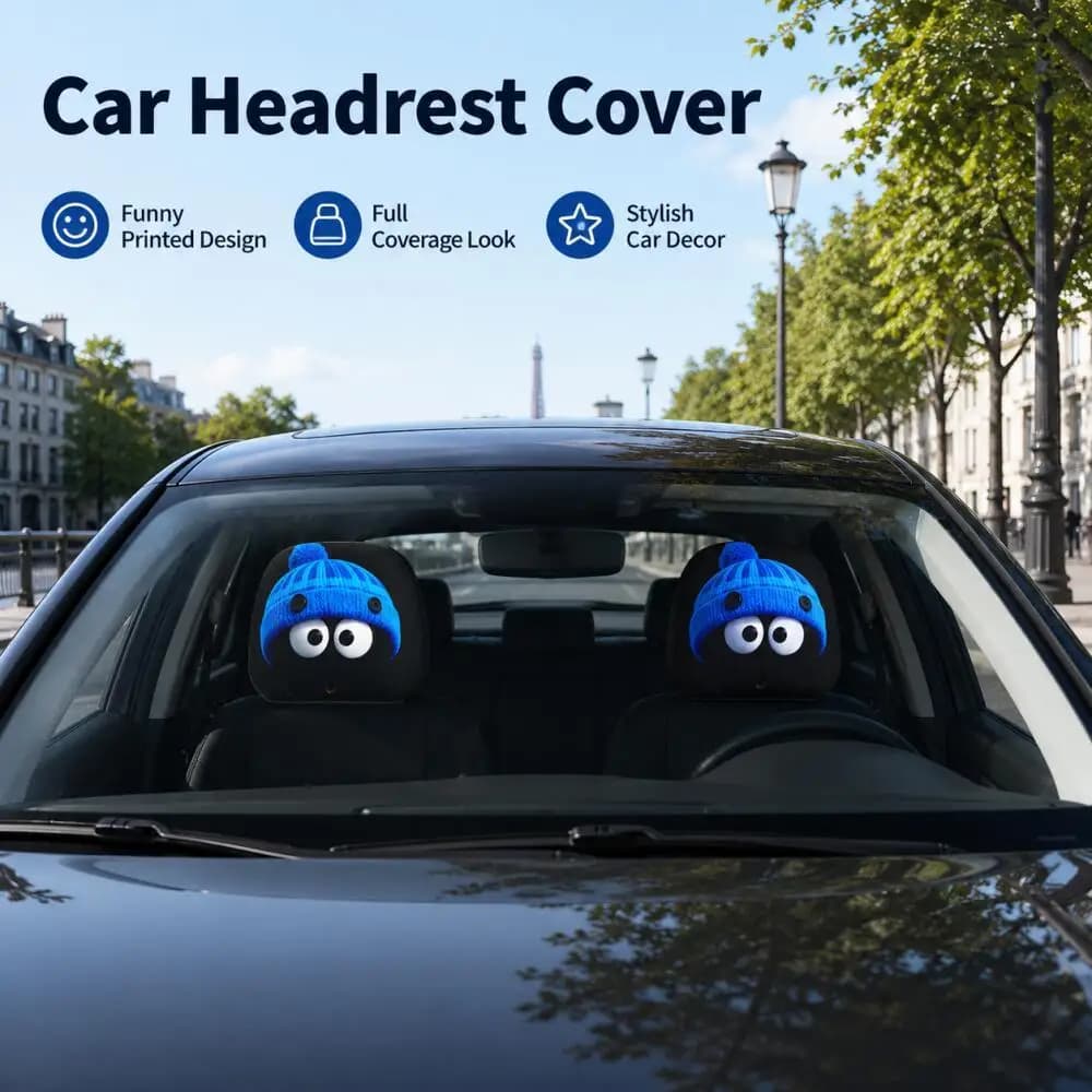 2PCS Blue Beanie Car Headrest Covers 2D Flat Surprised Big Eye Print Black Kawaii Universal Auto Headrest Protectors