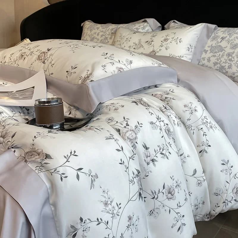 Luxury bedding set with digital print of flowers and plants Set of eucalyptus fiber bed linen Lyocell soft silky cover Lenzuolo Federa 4 pieces
