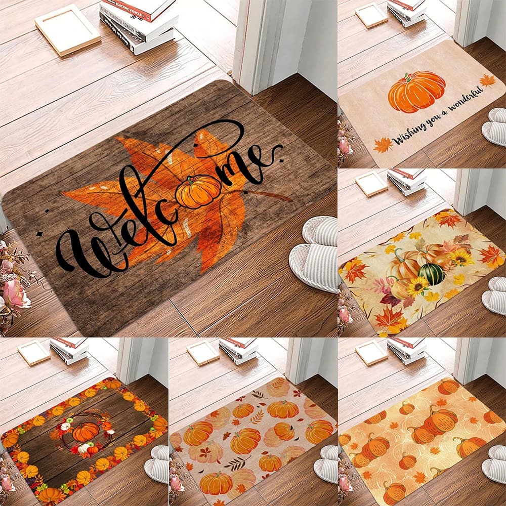 Tappeto festivo per la fattoria autunnale Tappetino per porta con raccolta di zucca Tappeto con design floreale in foglia d'acero 100% poliestere antiscivolo per realizzato a macchina