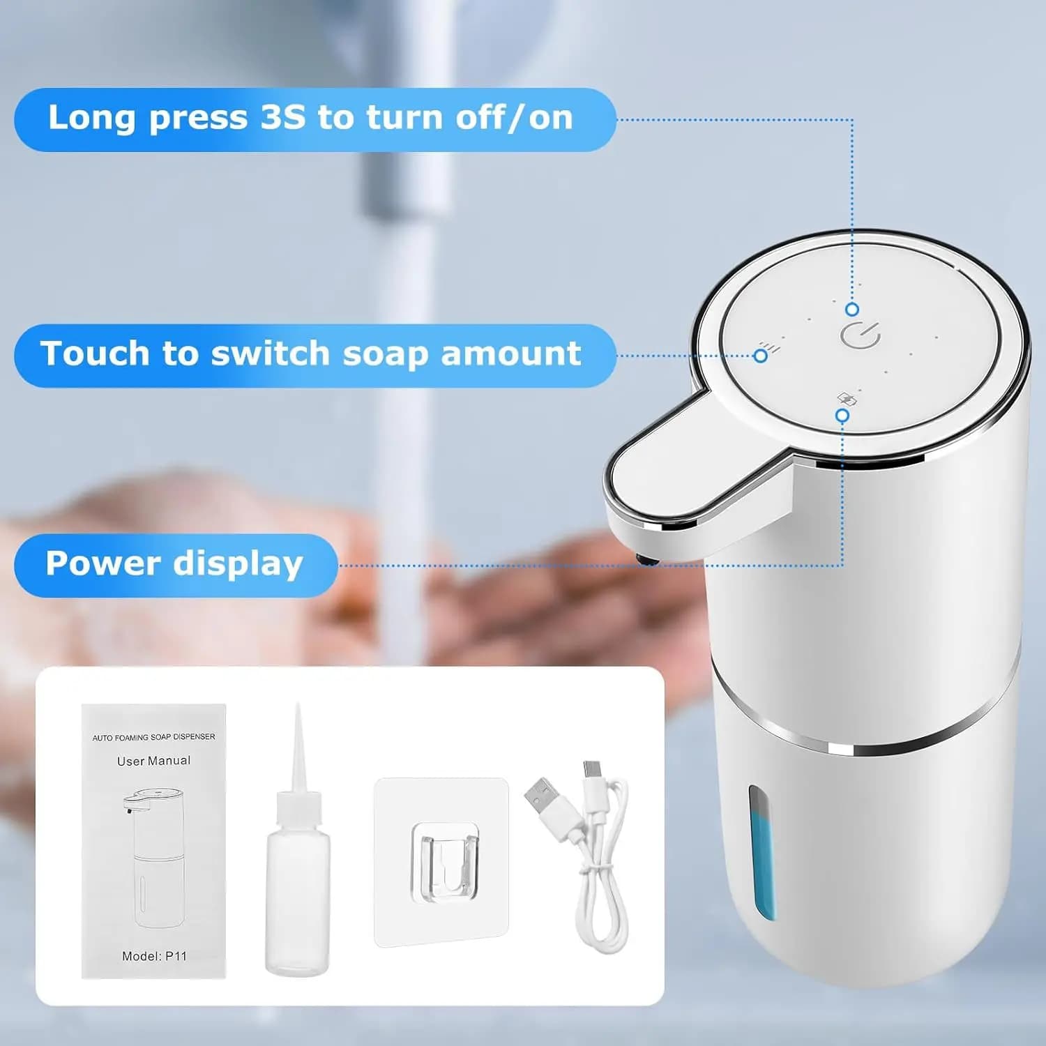Dispenser di Sapone Digitale Intelligente P11, Erogatore Automatico di Disinfettante per Mani a Schiuma, Montaggio a Parete, con Sensore per Cellulare