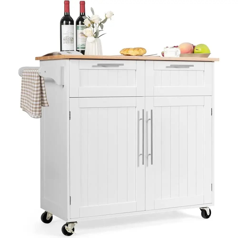 Isola da Cucina Mobile con Portasciugamani, 2 Cassetti, 2 Ante, Ruote Bloccabili - Bianco