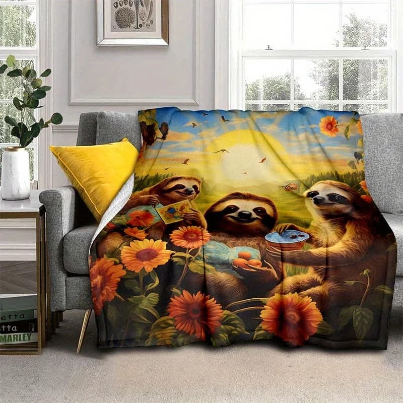Coperta in flanella sottile Sunshine Sloth Family, coperta leggera per divano letto, viaggio, campeggio, soggiorno, ufficio, stampa digitale