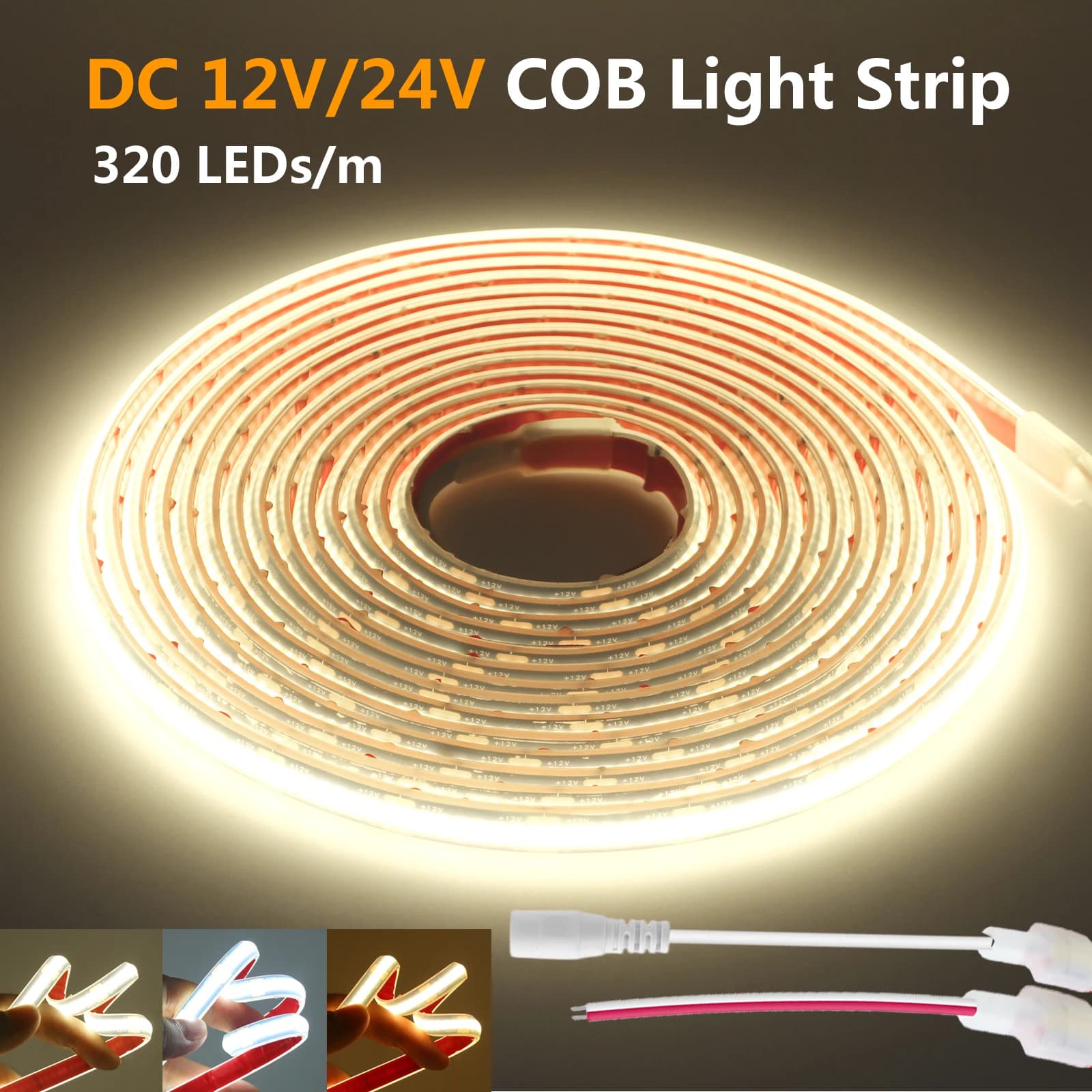 IP68 Waterproof 12V 24V COB LED Neon Light Strip With DC Plug 2PIN Wire 320LED/m 3000k 4000k 6000k Flexible Lamp 0.5m 5m 10m 20m