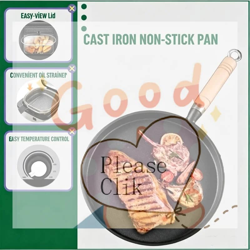 【HG】20/23/26cm Non-Stick Cast Iron Pan For Making Vietnamese Frying Pancakes And Eggs Safe Heat-Insulated Wooden Handle