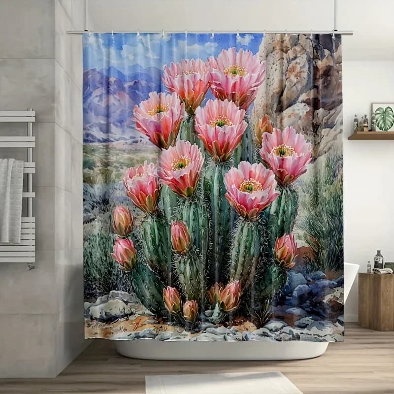 Tenda da doccia - Cactus rosa vibrante, poliestere, 12 ganci, arredamento bagno estivo