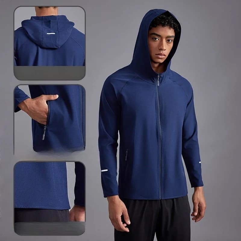 Giacca a vento unisex leggera da corsa con cappuccio e zip a maniche lunghe per l'autunno, ad asciugatura rapida, antivento, essenziale per l'outdoor