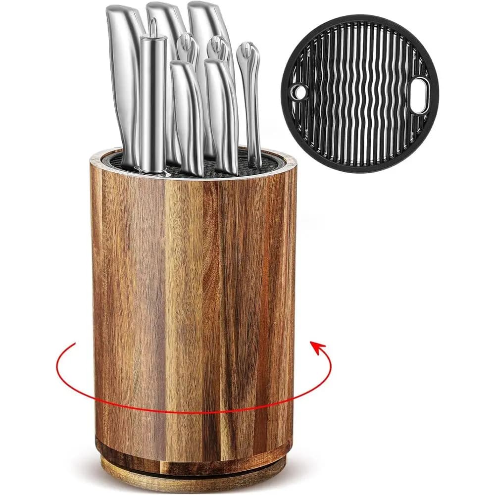Portacoltelli Girevole, Organizzatore Rotondo in Legno di Acacia da 5,9 x 9 Pollici, Contiene fino a 10 Coltelli, Organizzazione Cucina