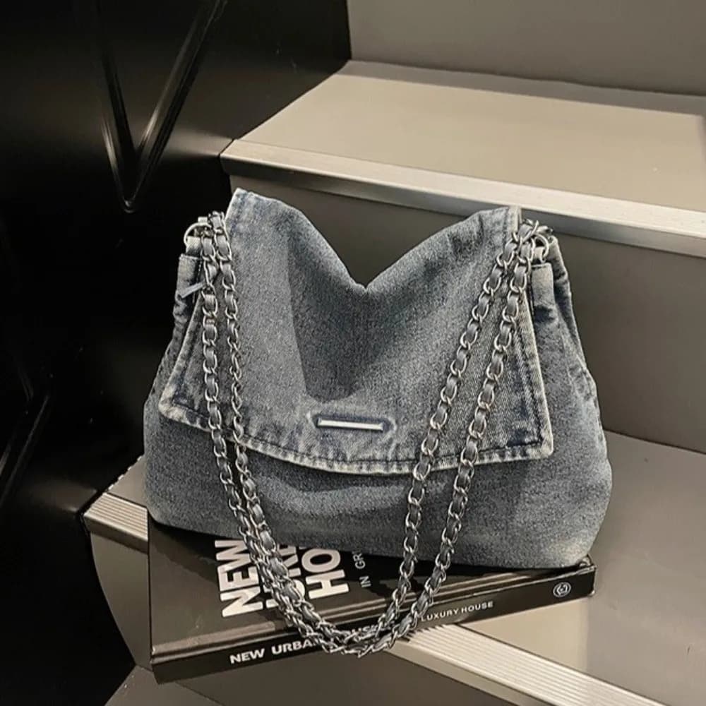 Large Capacity Versatile Denim Tote Bag Vintage Washed Adjustable Strap Chain Shoulder Bag Durable Polyester Lining