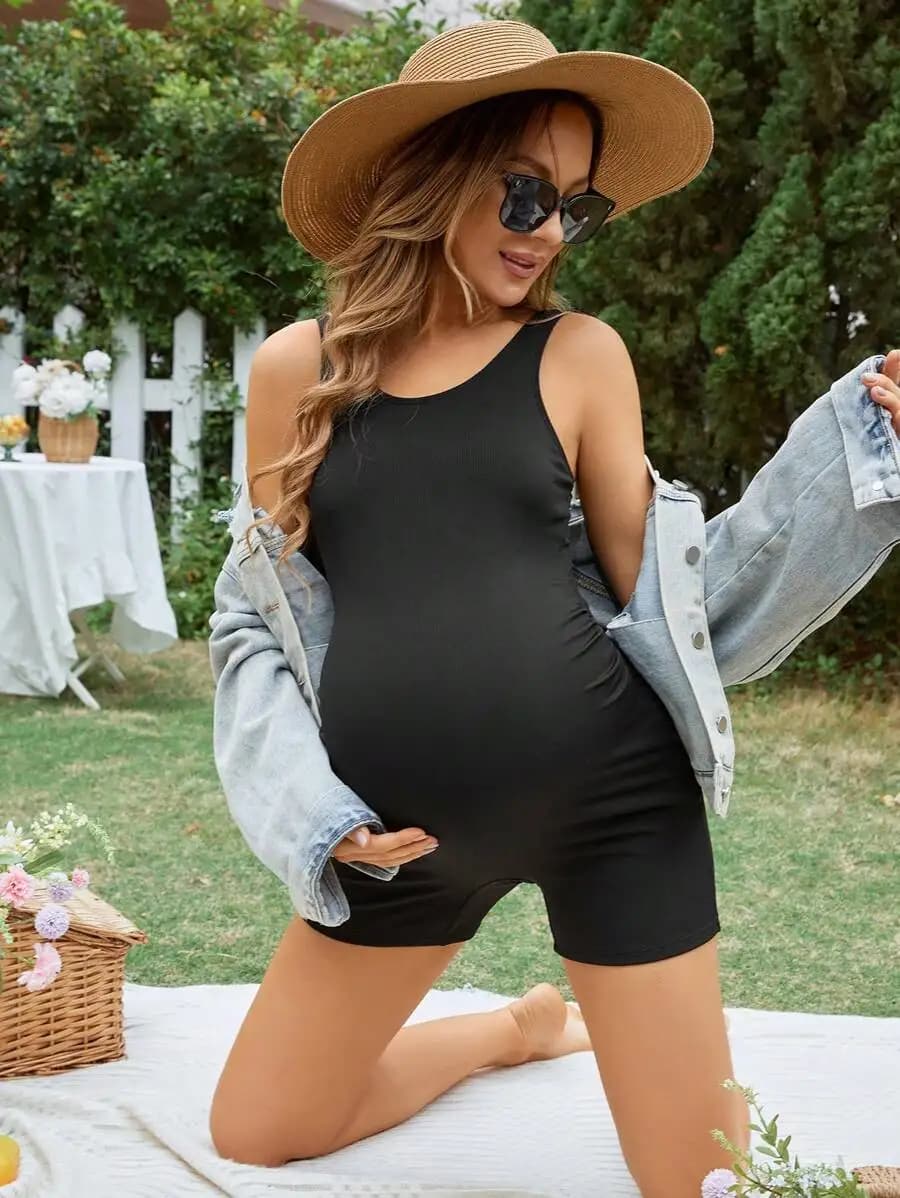 Maternity One Piece Swimsuit Solid Black Sleeveless For Beach Pool Summer