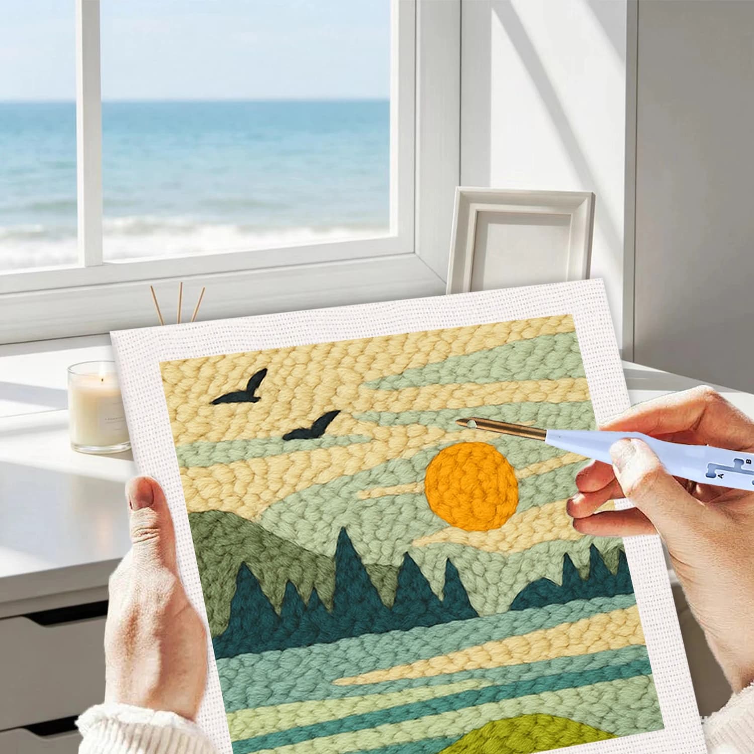 25x25cm Punch Needle Embroidery Starter Kits Mountain Pattern for Adults Beginners Handcraft Punch Needle Kits Embroidery Sewing