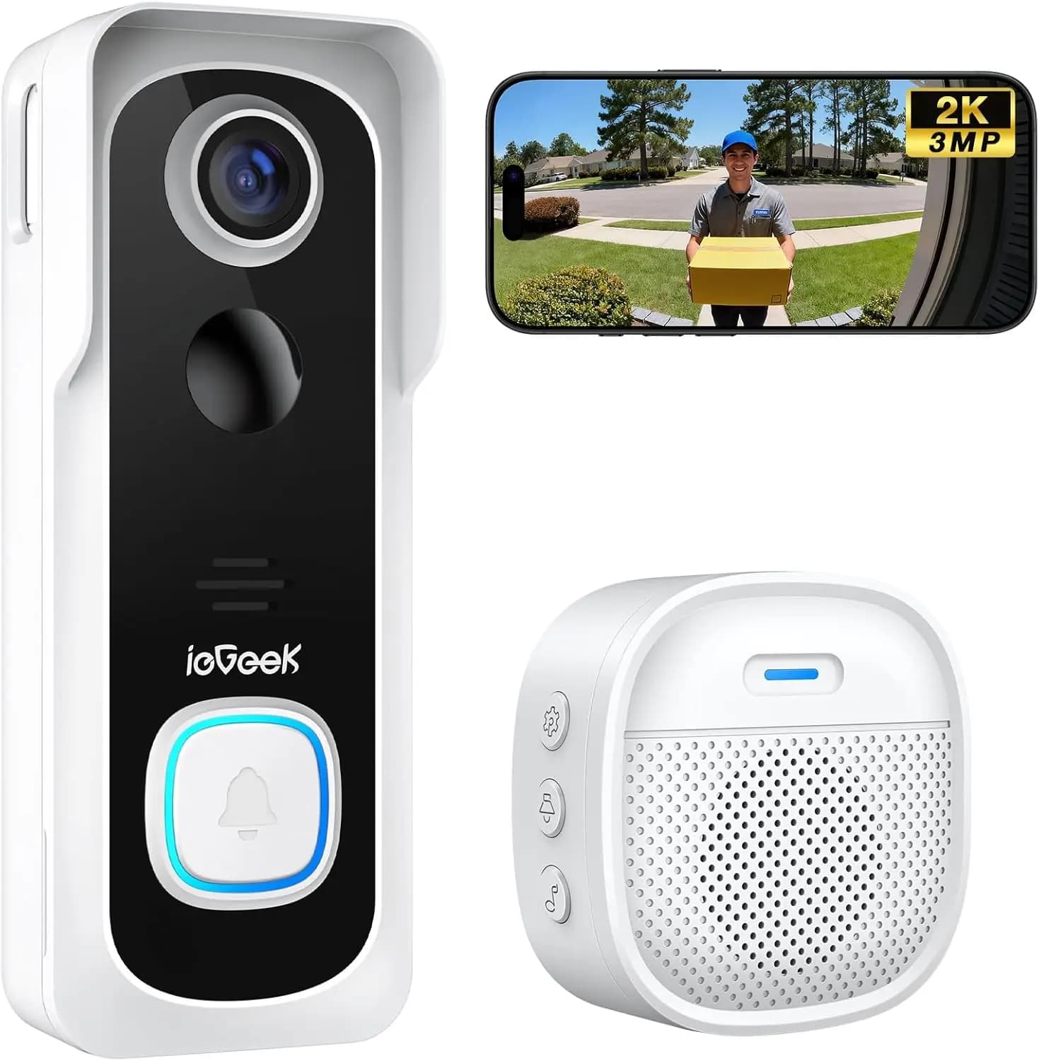 Campanello Video Wireless con Telecamera HD 2K, Comunicazione Bidirezionale, Rilevamento Movimento, Campanello Incluso, Supporta lo Stoccaggio Cloud