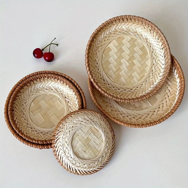 Handmade bamboo rattan round tea, fruit, dried fruit, snacks, bamboo storage basket, Chinese Zen pastry plate