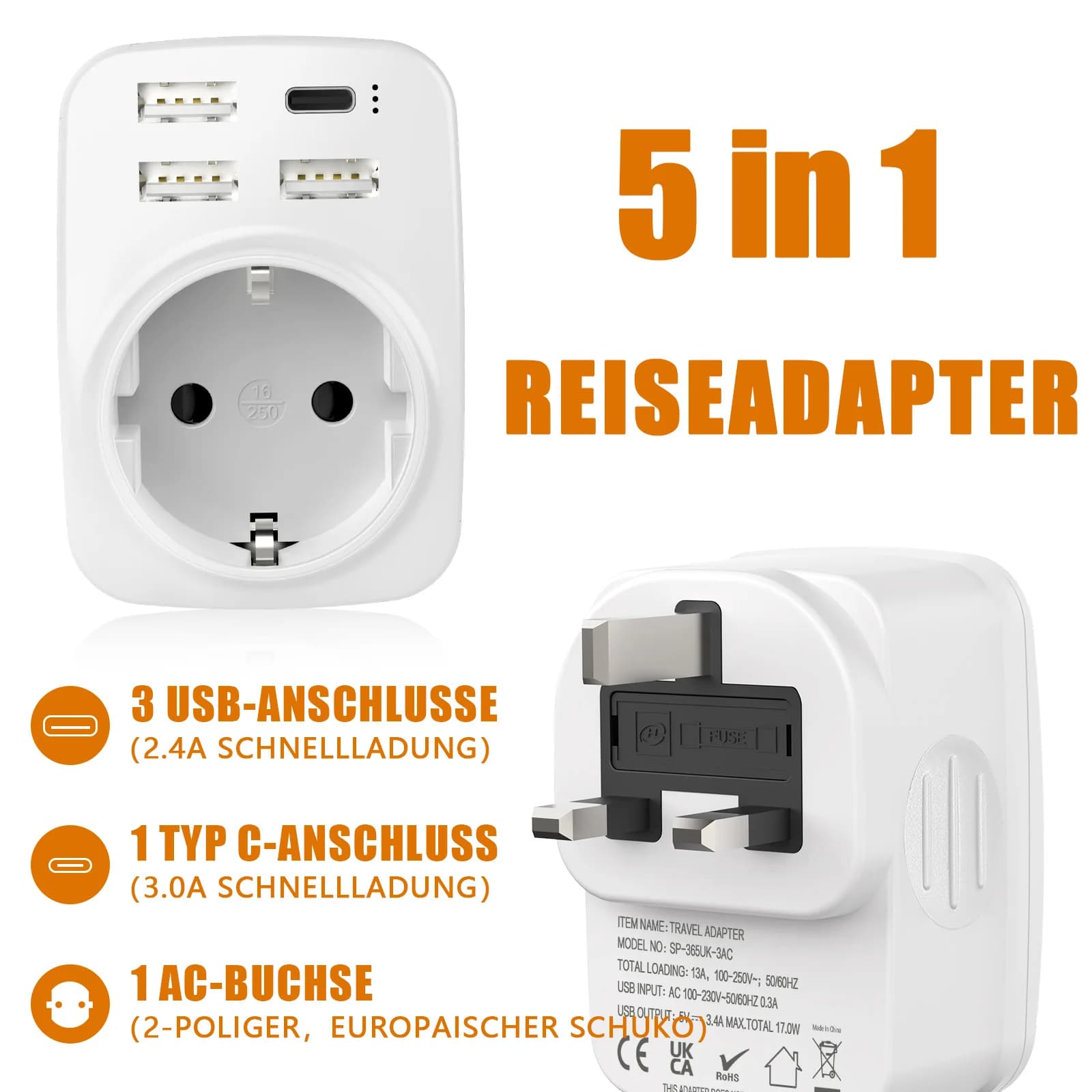 Adattatore da viaggio multifunzionale a ricarica rapida 5 in 1 con interfaccia di ricarica rapida Type-C+USB, presa per adattatore di alimentazione da UE a Regno Unito
