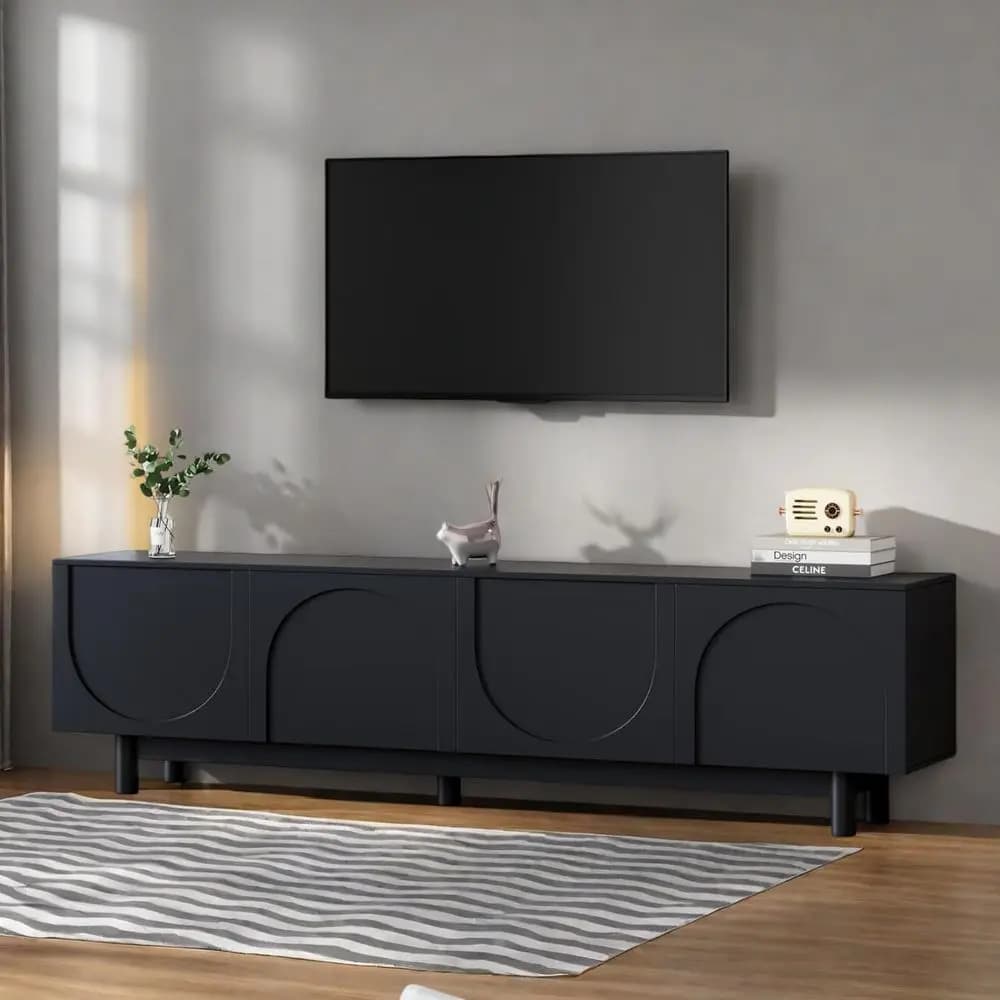 Mobile TV da 78 pollici con porta TV ad arco, gambe in legno massello e ripiani regolabili | Centro di intrattenimento con sistema di gestione dei cavi o soggiorno