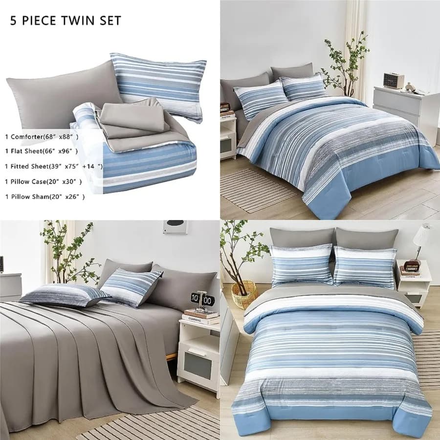 Set Copripiumino a Righe 5 Pezzi, Misura Singola, Bianco a Righe, Set Completo di Copripiumino e Lenzuola, Microfibra Morbida per Tutte le Stagioni