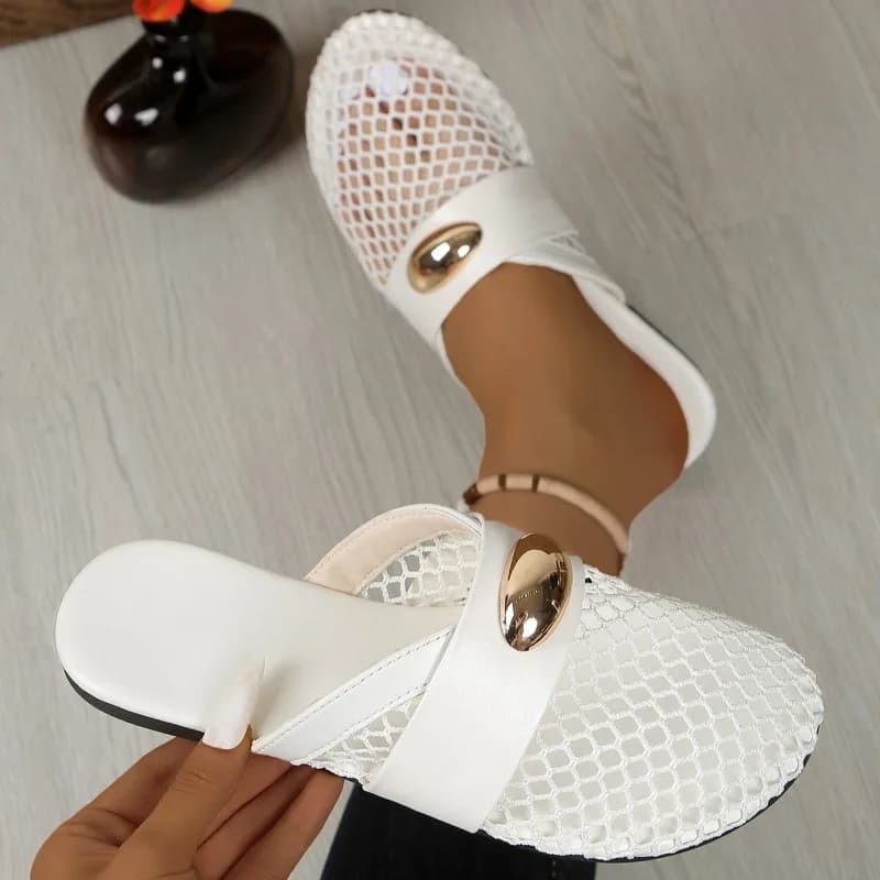 New Round Head Metal Buckle Soft Bottom Flat Bottom Cool Mop Mesh Breathable Baotou Semi-slippers Women's Spring and Summer