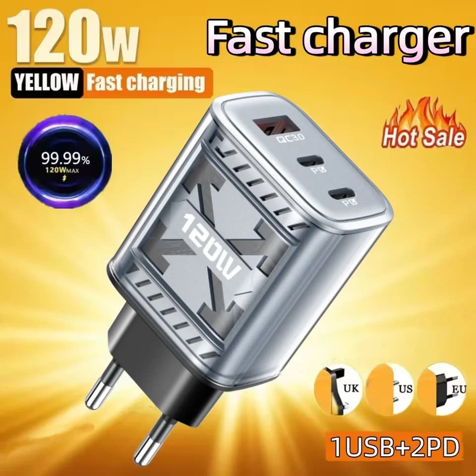 Caricabatterie da parete 120W a 3 porte con ricarica rapida USB A e Type C per iPhone, Samsung, Xiaomi, Huawei.