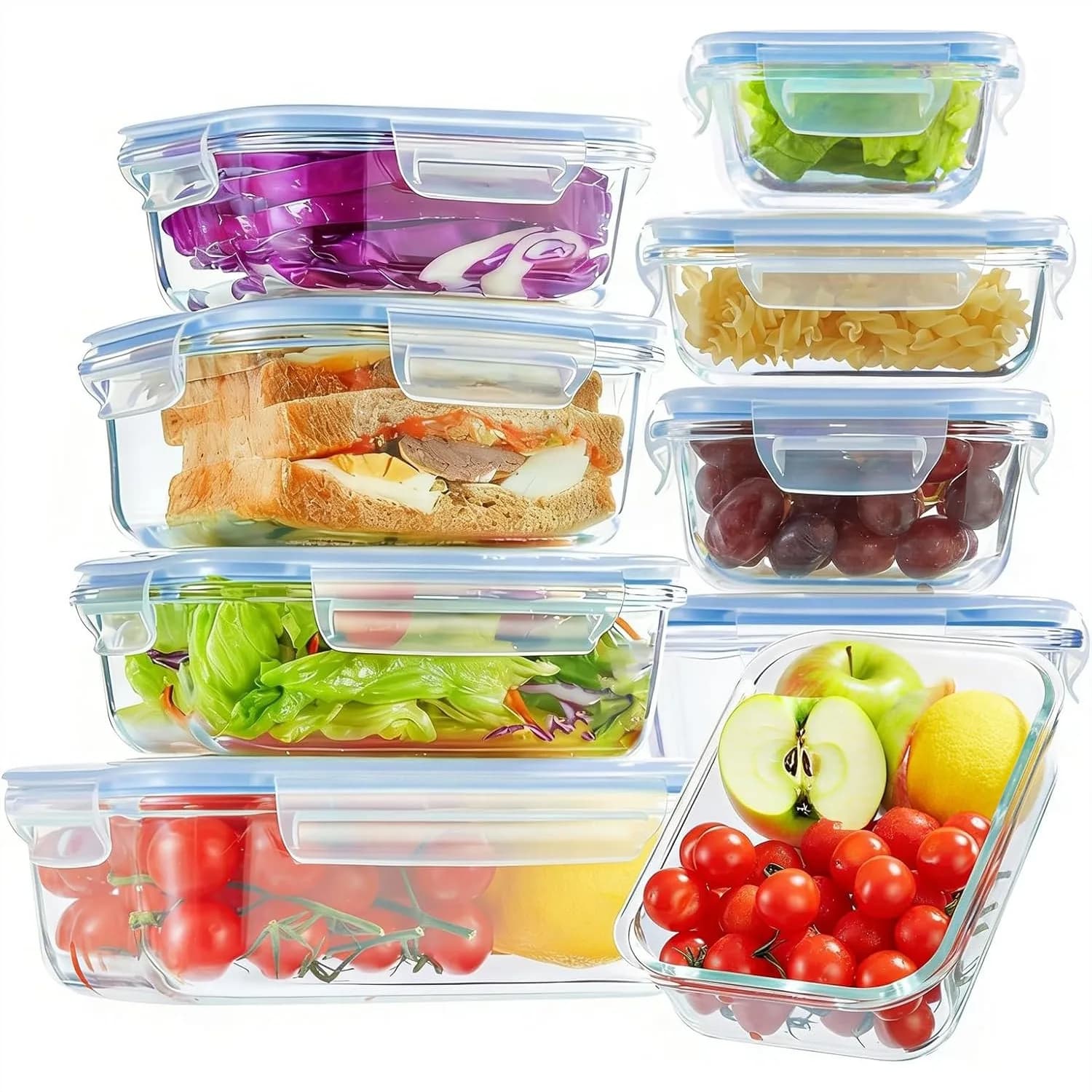 Set di 8 Contenitori in Vetro per Preparazione Pasti con Coperchi a Chiusura Ermetica, Adatti per Microonde, Forno, Congelatore e Lavastoviglie