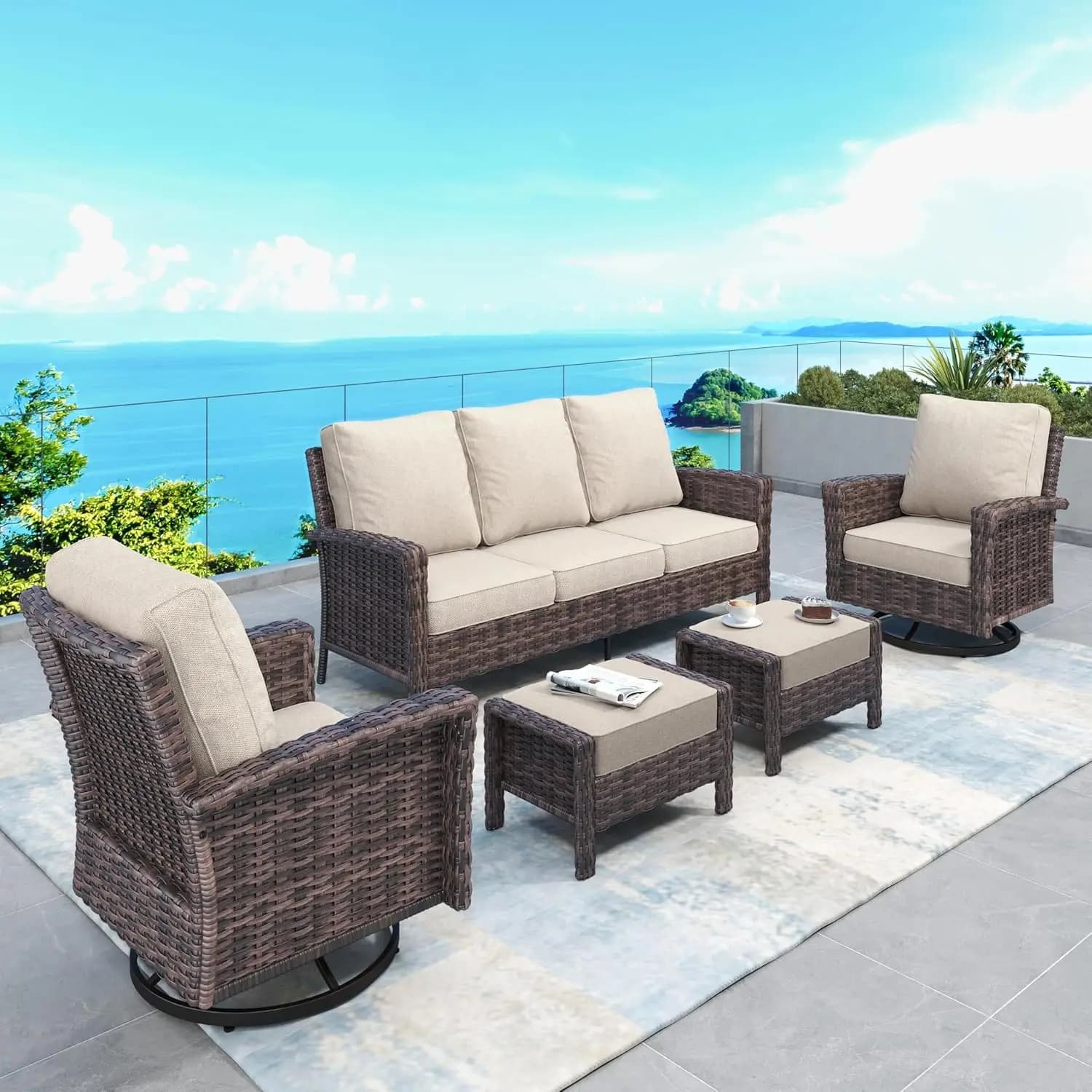 Set of 5 Pieces for Patio Furniture with Swivel Chairs, Rattan Sofa Braided with High Back and Extra Bearings, with Pouf, Customizable