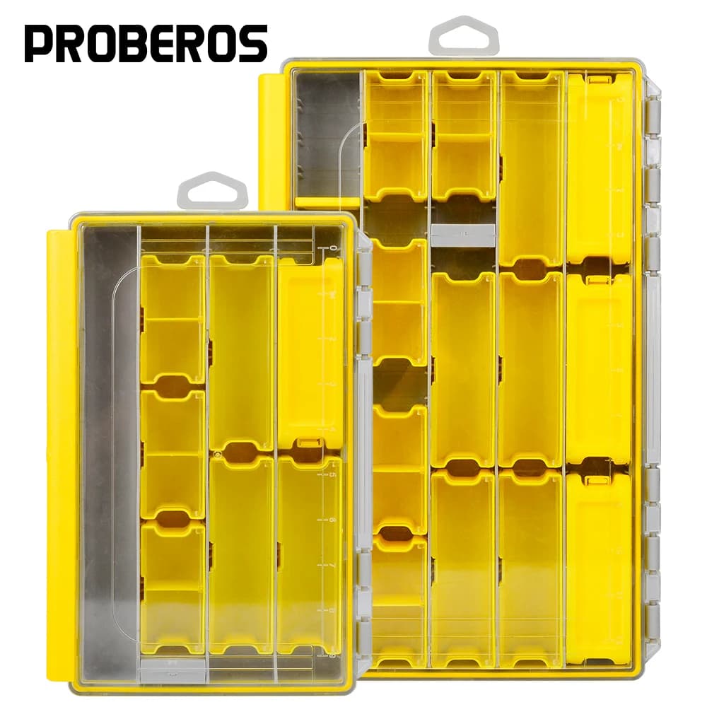 Proberos fishing gear box, plastic equipment box with removable dividers, bait box and object holders for terminal equipment