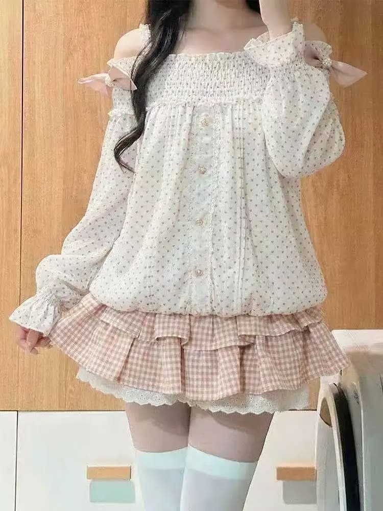 Completi in Stile Preppy Kawaii per Donne, Top con Volant Dolce Giapponese Lolita, Gonna a Vita Alta, Set 2 Pezzi, Outfit Vintage Y2k
