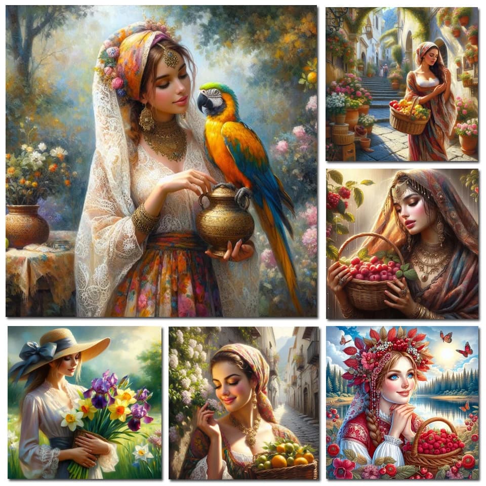 1 pz. Quadro senza cornice con pittura diamantata, Ritratto di donna, Mosaico quadrato/rotondo, Ragazza, Fiori, Frutta, Ricamo, Cartone animato, Decorazione da parete