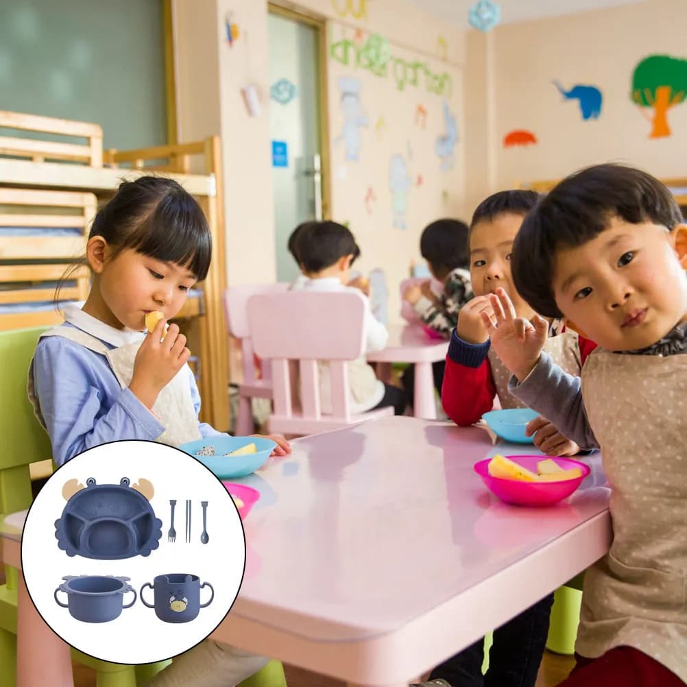 Set di stoviglie per bambini da 6 pezzi, piatto, forchetta, cucchiaio per latte, contenitore per la separazione degli alimenti, tazza a forma di granchio, ciotola a cartoni animati
