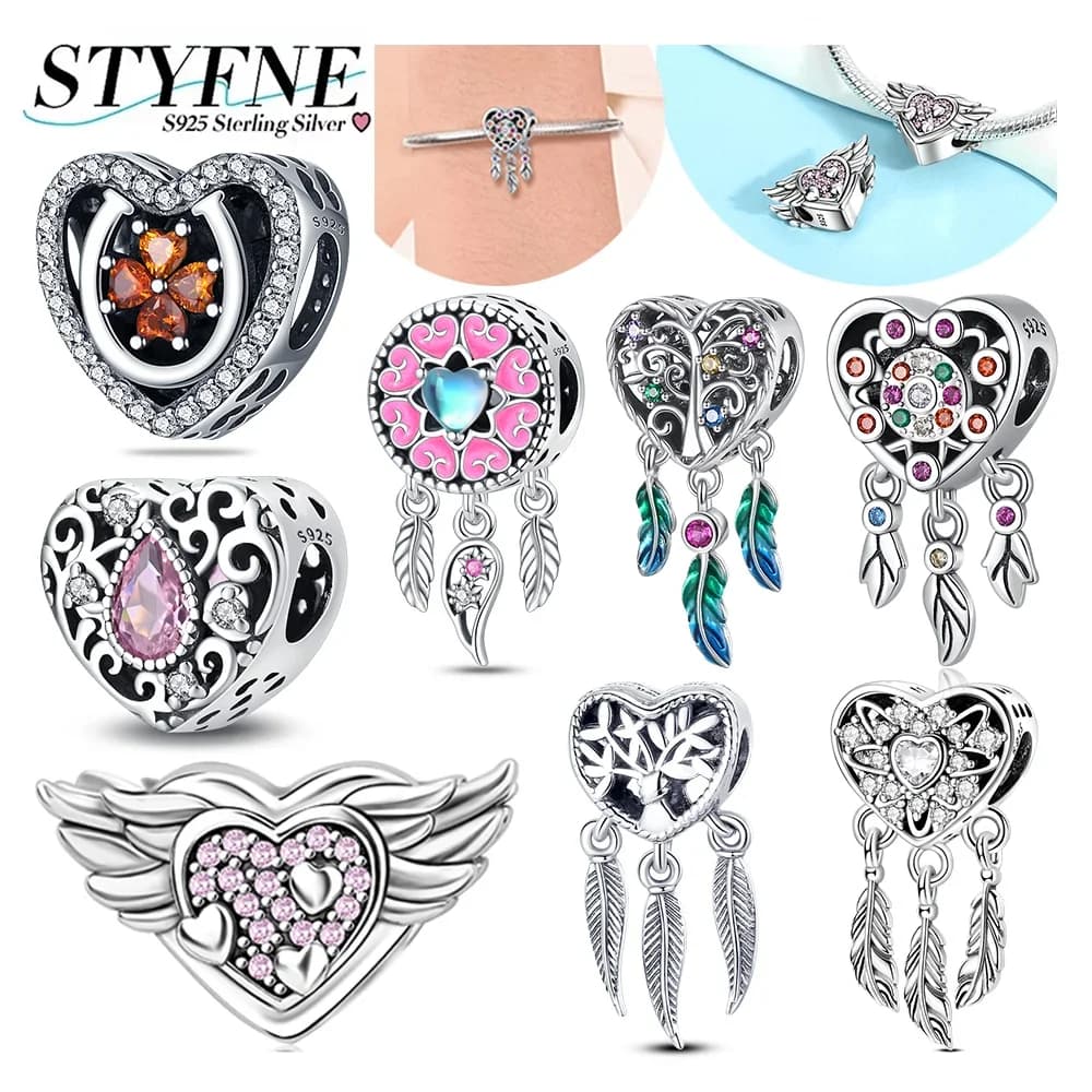 925 Sterling Silver Heart Shaped Beaded Four Leaf Clover Love Dream Catcher Charms Beads DIY Jewelry for Women